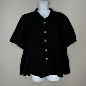 John Mark Tiered Button Front Shirt Womens Medium Black Boho Loose Fit Blouse